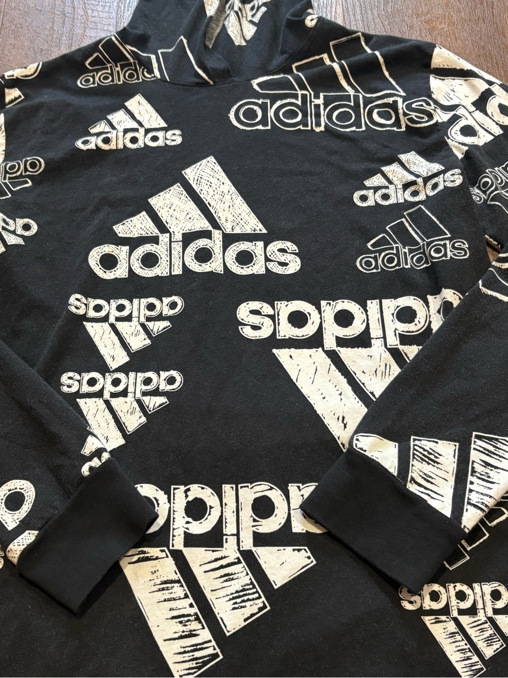 adidas black and white hooded long sleeve with adidas logo all over Size Large - Picture 4 of 8